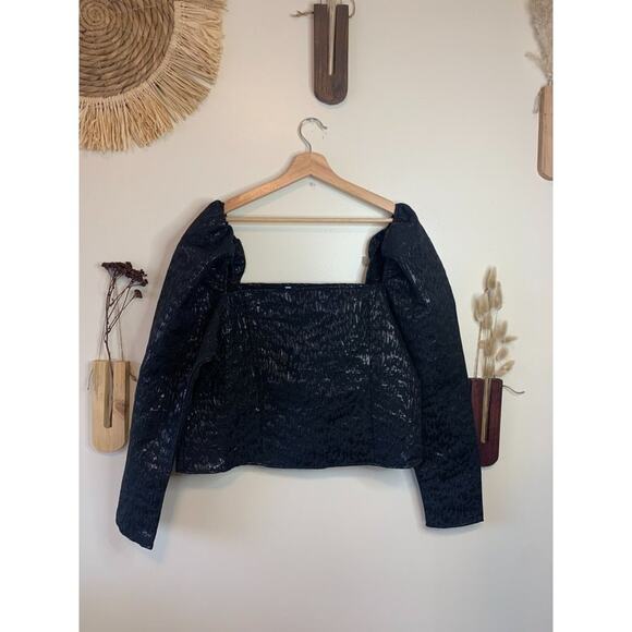H&M Jacquard Metallic Black Blouse with Puffy Sleeves Size XL - Picture 5 of 6